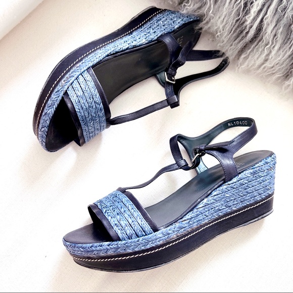 Stuart Weitzman Leather Braided Raffia Platform Wedges Blue Size 10.5 - Picture 2 of 9